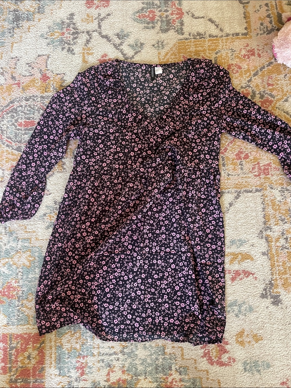 Divided Black Mini Dress with Pink Floral Print